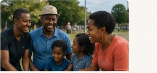 Black community members talking together outdoors