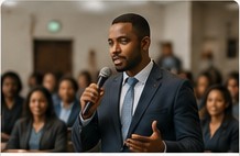Black consultant speaking to a community audience
